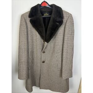 VTG Zero King Men’s Coat 100% Wool Brown Gray Houndstooth, Faux Fur lined Sz 44L